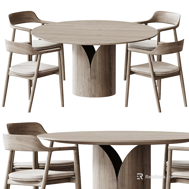 Round Wooden Dining Table Set With Modern Design And Comfortable Upholstered Chairs 3d model 