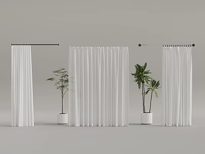 White Hanging Decorative Window Curtains With Green Indoor Plants Home Decor 3d model