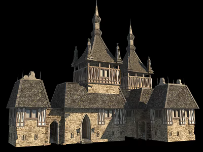 Historic Medieval Architecture With Pointed Towers Stone Walls And Wooden Frames 3d model