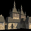 Historic Medieval Architecture With Pointed Towers Stone Walls And Wooden Frames