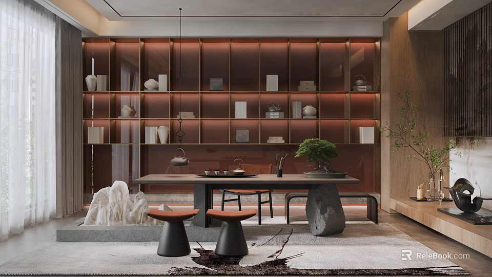 Tea Room Interior With Glass Display Shelves Tea Sets Stone Table And Green Plant 3d model 