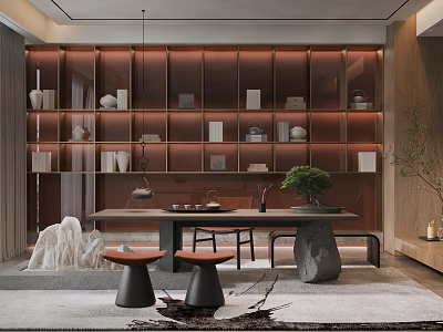 Tea Room Interior With Glass Display Shelves Tea Sets Stone Table And Green Plant 3d model