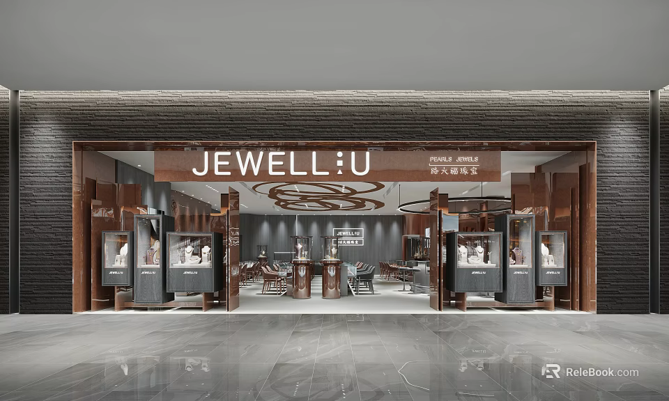Luxury Jewelry Store Front Featuring Display Windows And Interior Design 3d model 