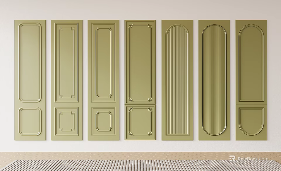 Light Green Wainscoting Panels With Various Designs On White Wall Interior Decor 3d model 
