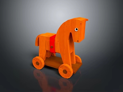 Classic Handcrafted Wooden Toy Horse With Red Saddle And Rolling Wheels For Kids Playtime 3d model