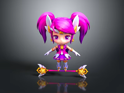 3D Cartoon Woman Character With Pink Pigtails Purple Eyes White Gloves And Golden Skateboard 3d model