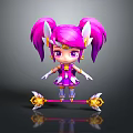 3D Cartoon Woman Character With Pink Pigtails Purple Eyes White Gloves And Golden Skateboard