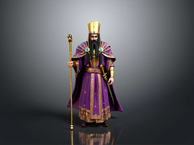 Man In Purple Royal Robe With Golden Crown And Scepter Standing 3d model