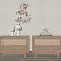 Natural Wood Nightstands with Rattan Drawers White Vases Branch Decor Stacked Books and Deer Figurine