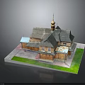 Traditional Wooden Building With Golden Dome Multiple Sloped Roofs Green Lawn And Paved Ground