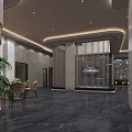 Elegant Modern Lobby Interior With Dark Marble Floor TV Yellow Accent Lines And Ceiling Light Strips