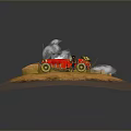Sandy Desert Landscape Featuring Red Car Rocks Dry Grass And Smoke