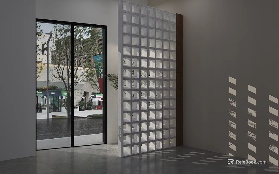 White Grid Partition In Modern Interior With Glass Door And Light Shadows 3d model 