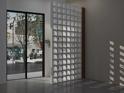 White Grid Partition In Modern Interior With Glass Door And Light Shadows 3d model