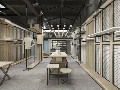 Modern Clothing Store Interior With Metal Racks Wooden Shelves And Pendant Lights 3d model