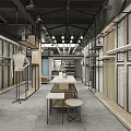 Modern Clothing Store Interior With Metal Racks Wooden Shelves And Pendant Lights