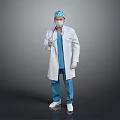 Man Wearing Blue Surgical Cap Scrubs White Coat as Medical Professional with Stethoscope