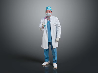 Man Wearing Blue Surgical Cap Scrubs White Coat as Medical Professional with Stethoscope 3d model