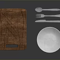 Wooden Cutting Board With White Plate And Metal Spoon Fork Knife Set