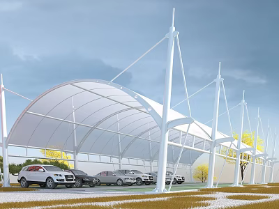 Parking Lot With White Membrane Roof And Wind Turbines Near Parked Cars 3d model