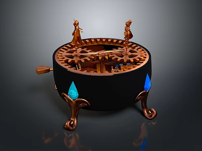 Ornate Mechanical Device With Circular Gear Mechanism Bronze Statues And Blue Gemstones 3d model