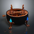Ornate Mechanical Device With Circular Gear Mechanism Bronze Statues And Blue Gemstones