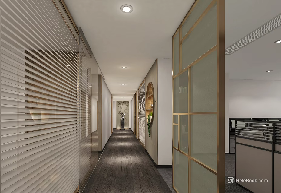 Modern Office Corridor With Glass Partitions Wooden Flooring And Recessed Lighting 3d model 