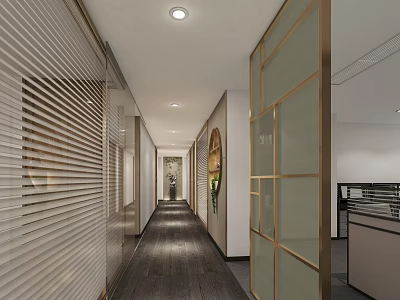 Modern Office Corridor With Glass Partitions Wooden Flooring And Recessed Lighting 3d model