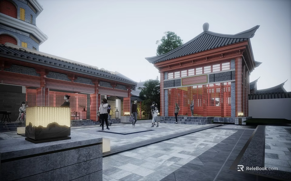 Traditional Ancient Architecture Courtyard Featuring Curved Eaves Red Roof Stone Pavement and People Walking 3d model 