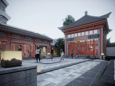 Traditional Ancient Architecture Courtyard Featuring Curved Eaves Red Roof Stone Pavement and People Walking 3d model