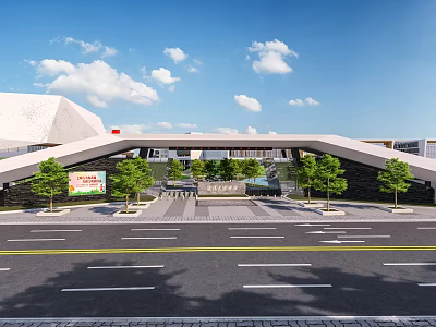 Modern School Building With Arched Overpass Green Trees Courtyard And Blue Sky 3d model