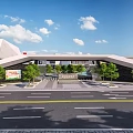 Modern School Building With Arched Overpass Green Trees Courtyard And Blue Sky