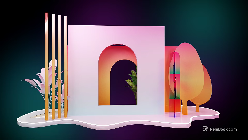 Modern Geometric Art Installation With Pink Arch Golden Strips And Green Plants 3d model 
