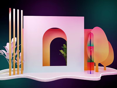 Modern Geometric Art Installation With Pink Arch Golden Strips And Green Plants 3d model
