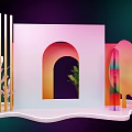 Modern Geometric Art Installation With Pink Arch Golden Strips And Green Plants