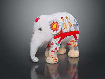 Decorative Elephant Figurine With Colorful Hand Painted Sun Giraffe Umbrella And House Patterns 3d model