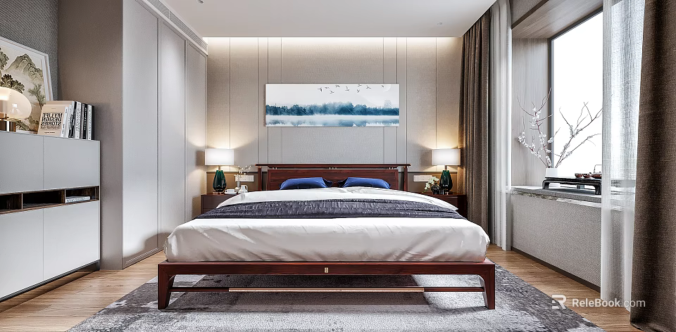 Modern Minimalist Bedroom With Large Bed Nightstands Table Lamps Wall Painting And Wooden Floor 3d model 
