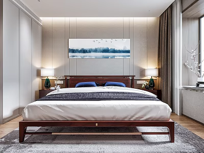 Modern Minimalist Bedroom With Large Bed Nightstands Table Lamps Wall Painting And Wooden Floor 3d model