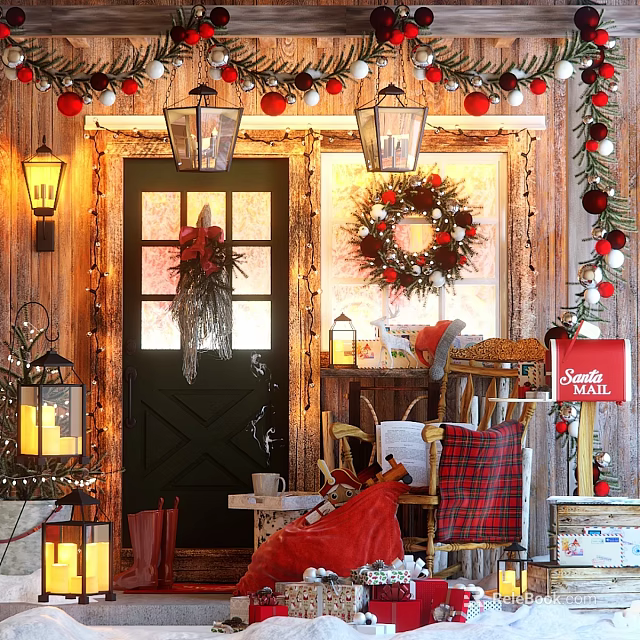 Festive Front Door With Christmas Wreath Lanterns And Wooden Wall Decorations 3d model 