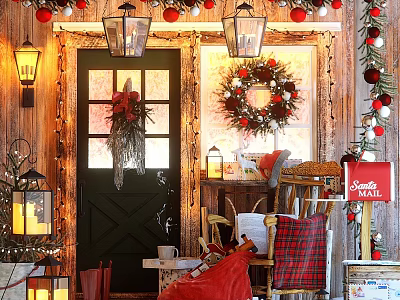 Festive Front Door With Christmas Wreath Lanterns And Wooden Wall Decorations 3d model