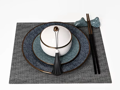 Blue Toned Tableware Set With Stacked Plates Lidded Bowl Tassel And Chopsticks On Gray Placemat 3d model