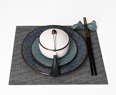 Blue Toned Tableware Set With Stacked Plates Lidded Bowl Tassel And Chopsticks On Gray Placemat 3d model