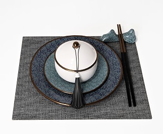 New Chinese Tableware Placemat Chopsticks Soup Bowl Soup Jar Plate Mat Tassel 3d model