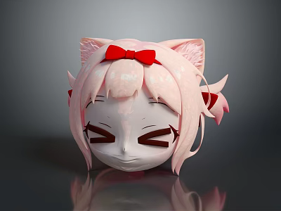 Game Anime Character With Pink Hair Cat Ears Red Bow and Closed Eyes 3d model