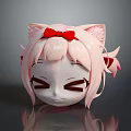 Game Anime Character With Pink Hair Cat Ears Red Bow and Closed Eyes