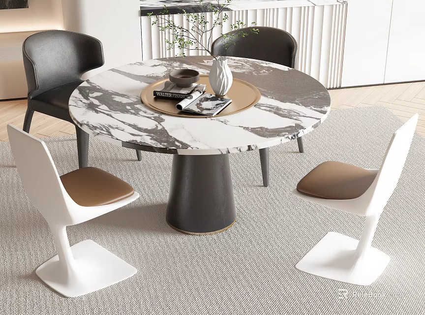 Modern Dining Table Set With Marble Top Four Chairs Brown Seats And Black Base 3d model