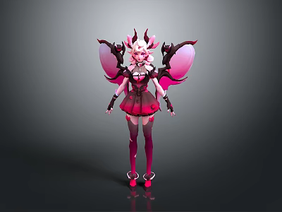Vibrant Fantasy Character With Pink Horns And Red Wings In Frilled Dress And Decorative Stockings 3d model