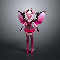 Vibrant Fantasy Character With Pink Horns And Red Wings In Frilled Dress And Decorative Stockings