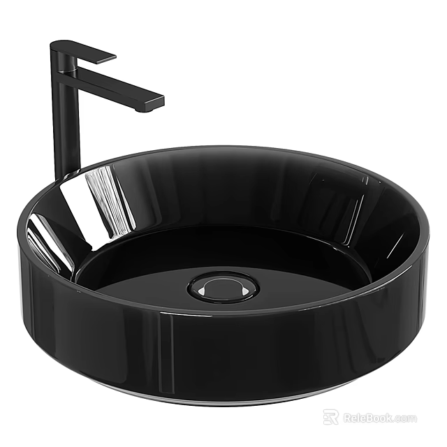 Contemporary Black Round Washbasin With Glossy Surface And Black Faucet For Bathroom 3d model 
