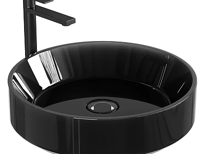 Contemporary Black Round Washbasin With Glossy Surface And Black Faucet For Bathroom 3d model